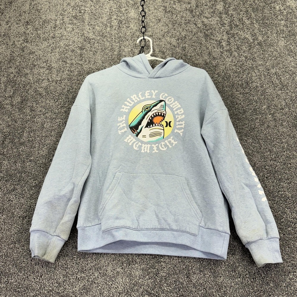 Hurley Hoodie Kids L 12-13 YRS Blue Fleece Shark Logo Graphic Kangaroo Pocket